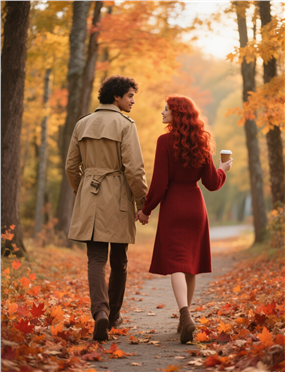 秋天树林情侣散步背影写真图片